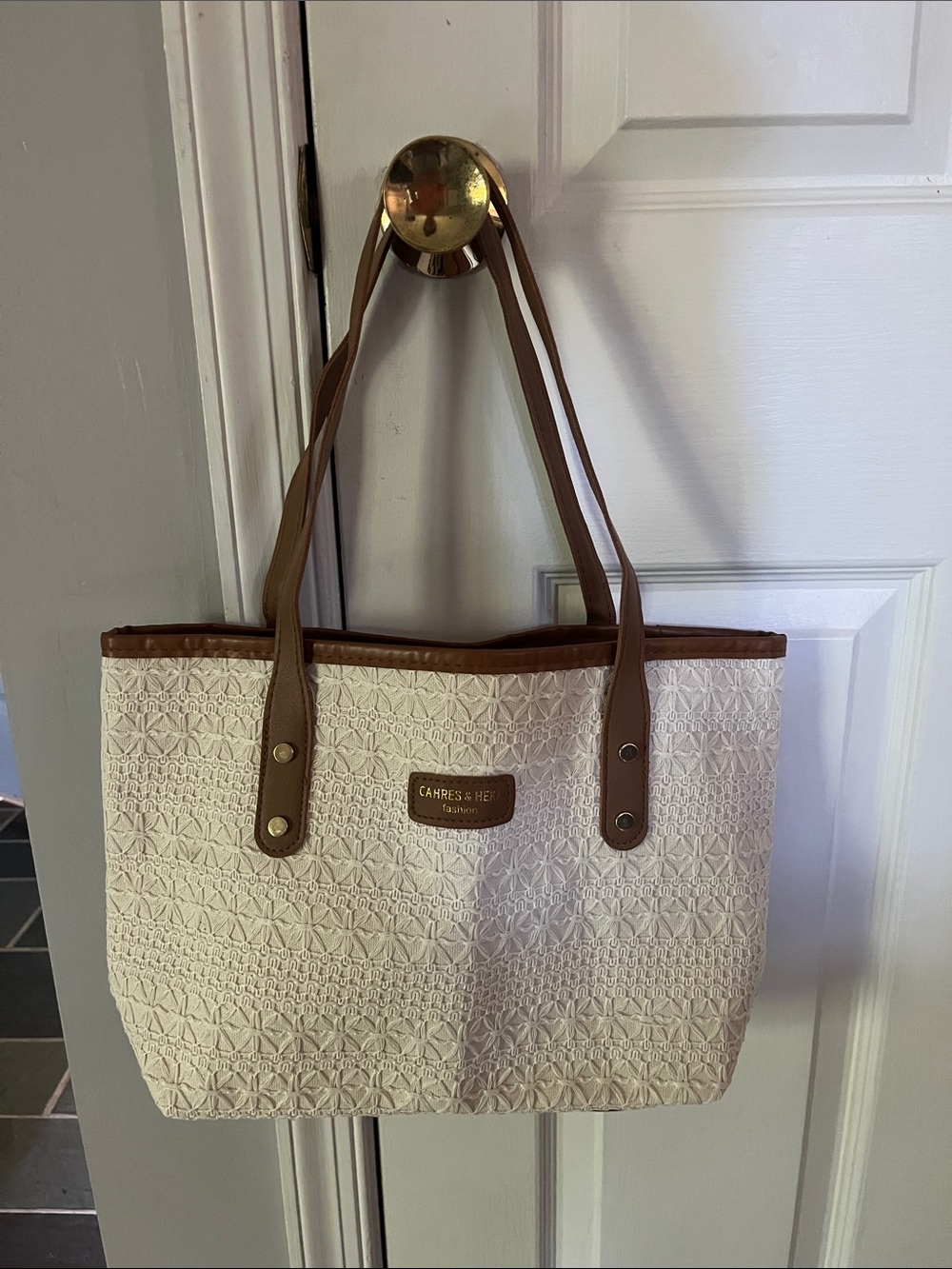 Crochet Tote Bag with Tan Straps- Cream
